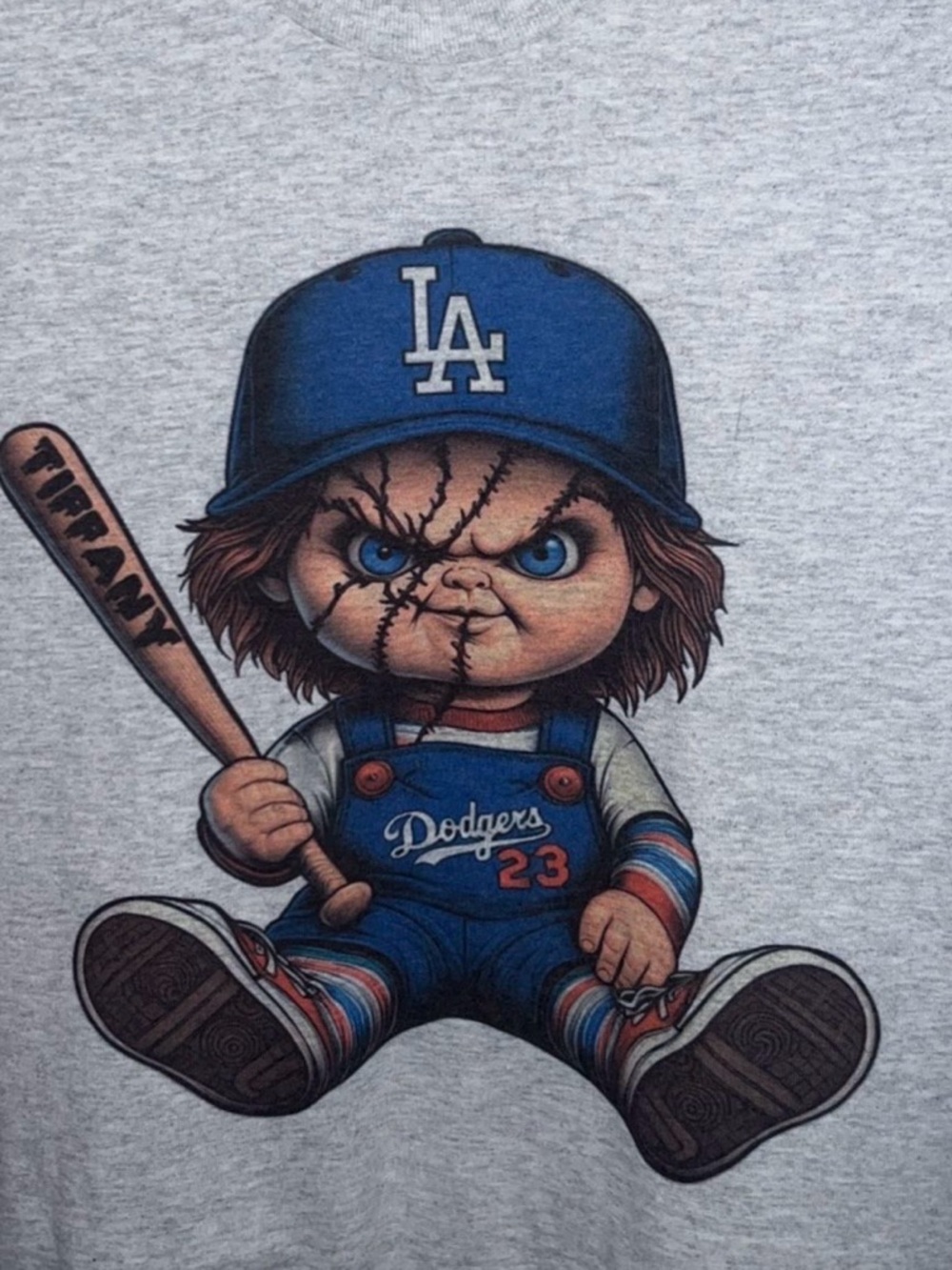 Gildan Gray T-Shirt with Blue Dodgers Chucky Graphic
